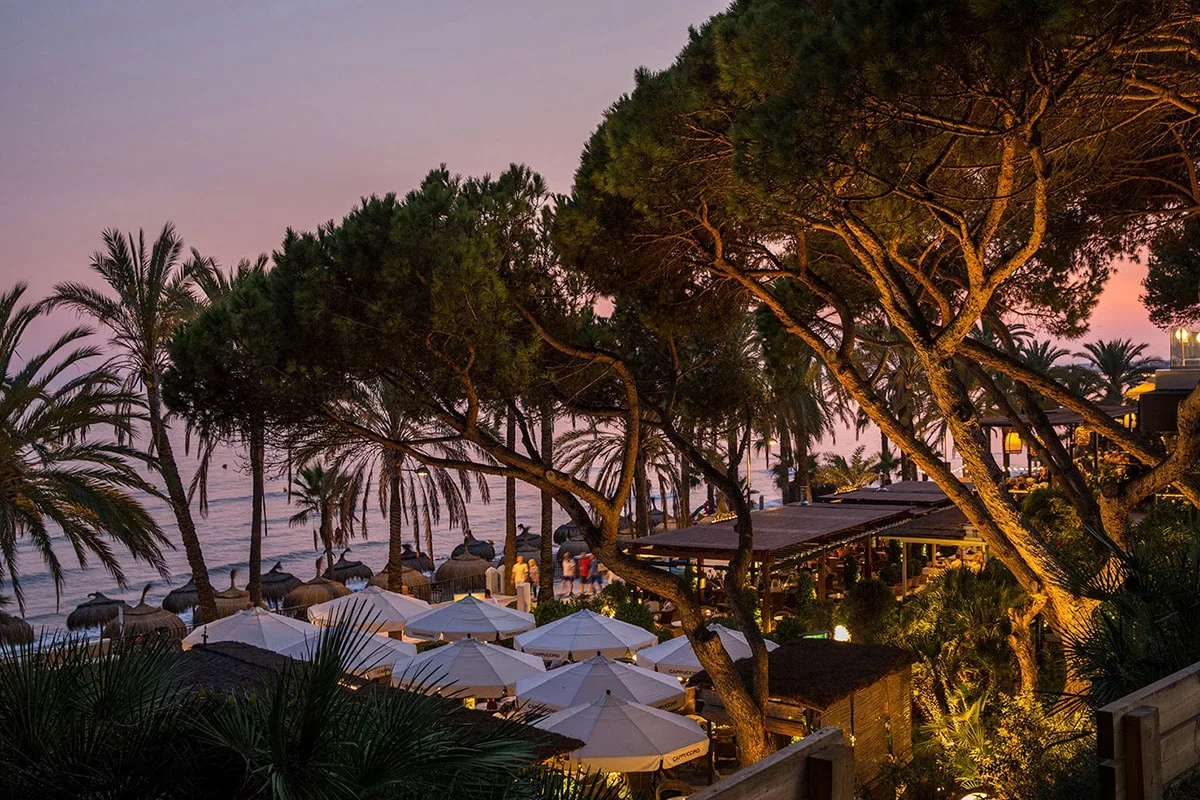 The terrace at dusk with the beach beyond