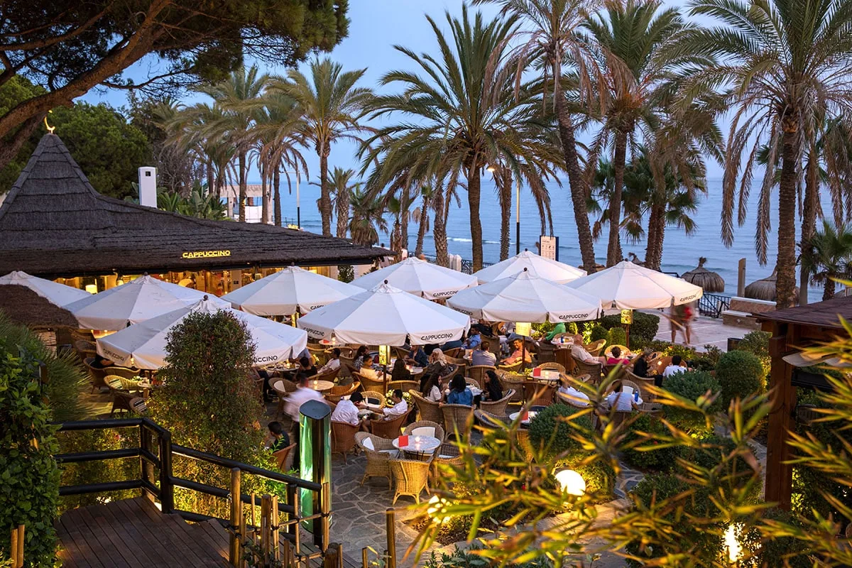 The palm-lined Marbella promenade outside Cappuccino
