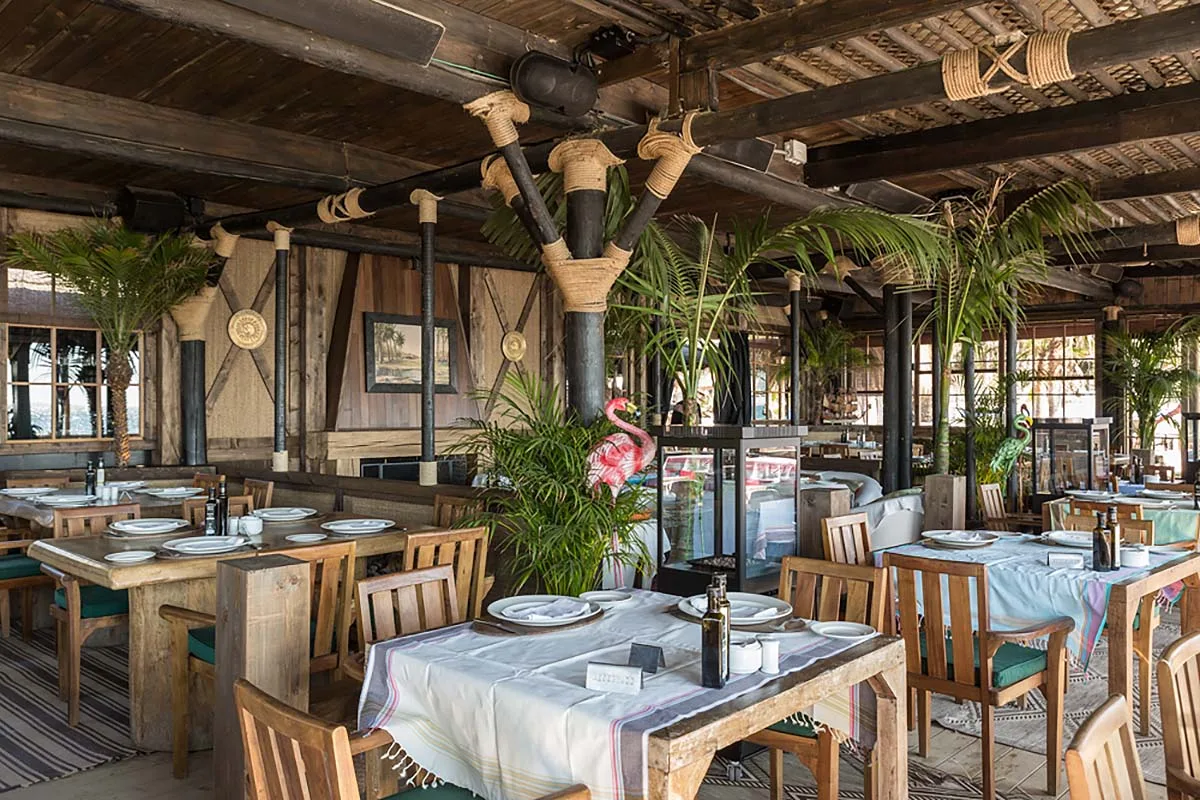 Inside the wooden beach-house dining room