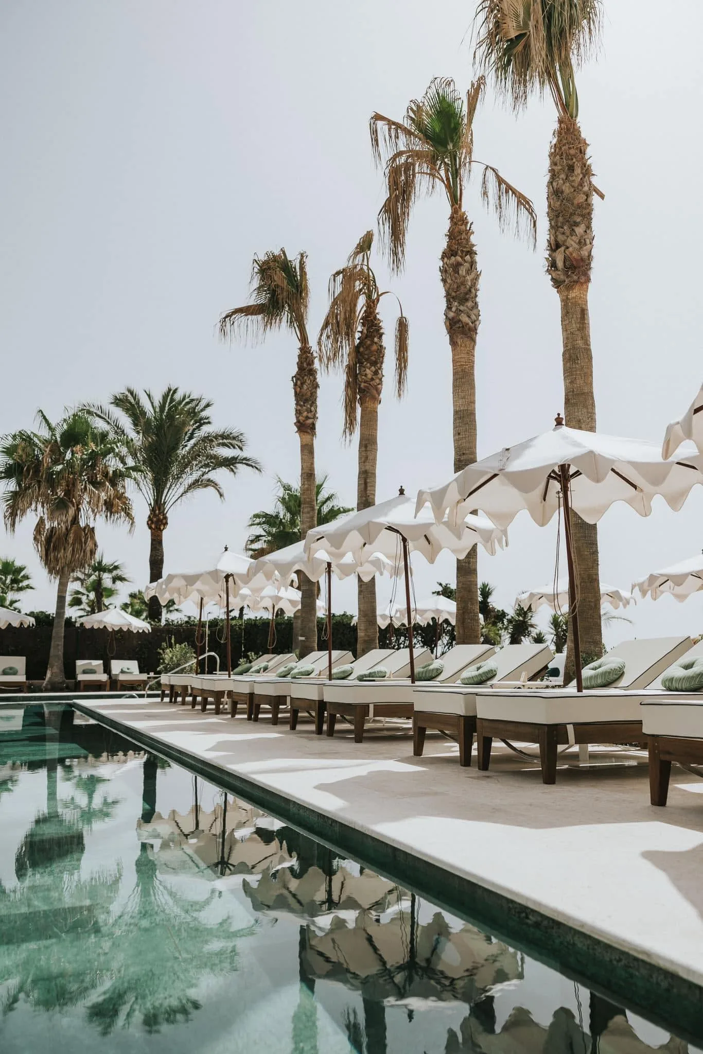 Scalloped umbrellas reflected in the pool
