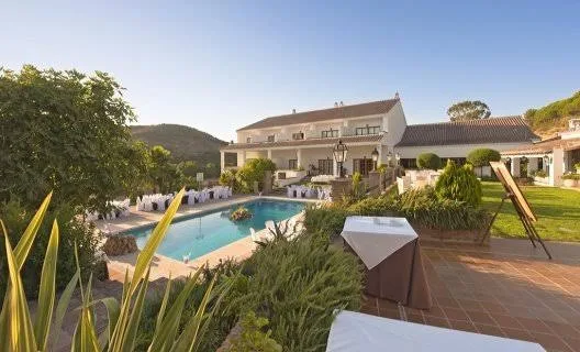 The pool terrace at golden hour