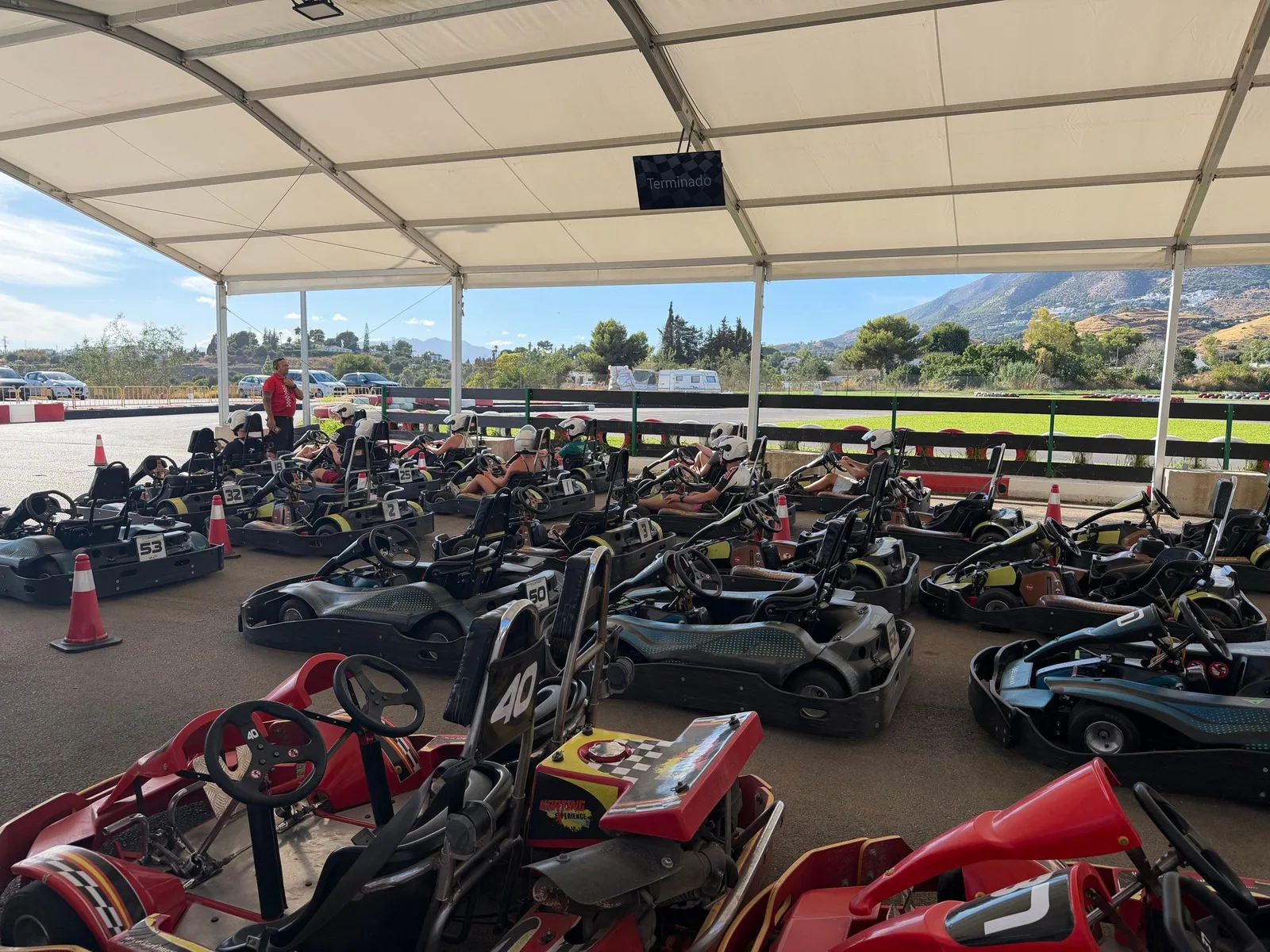 The kart grid ready to go, Mijas hills behind