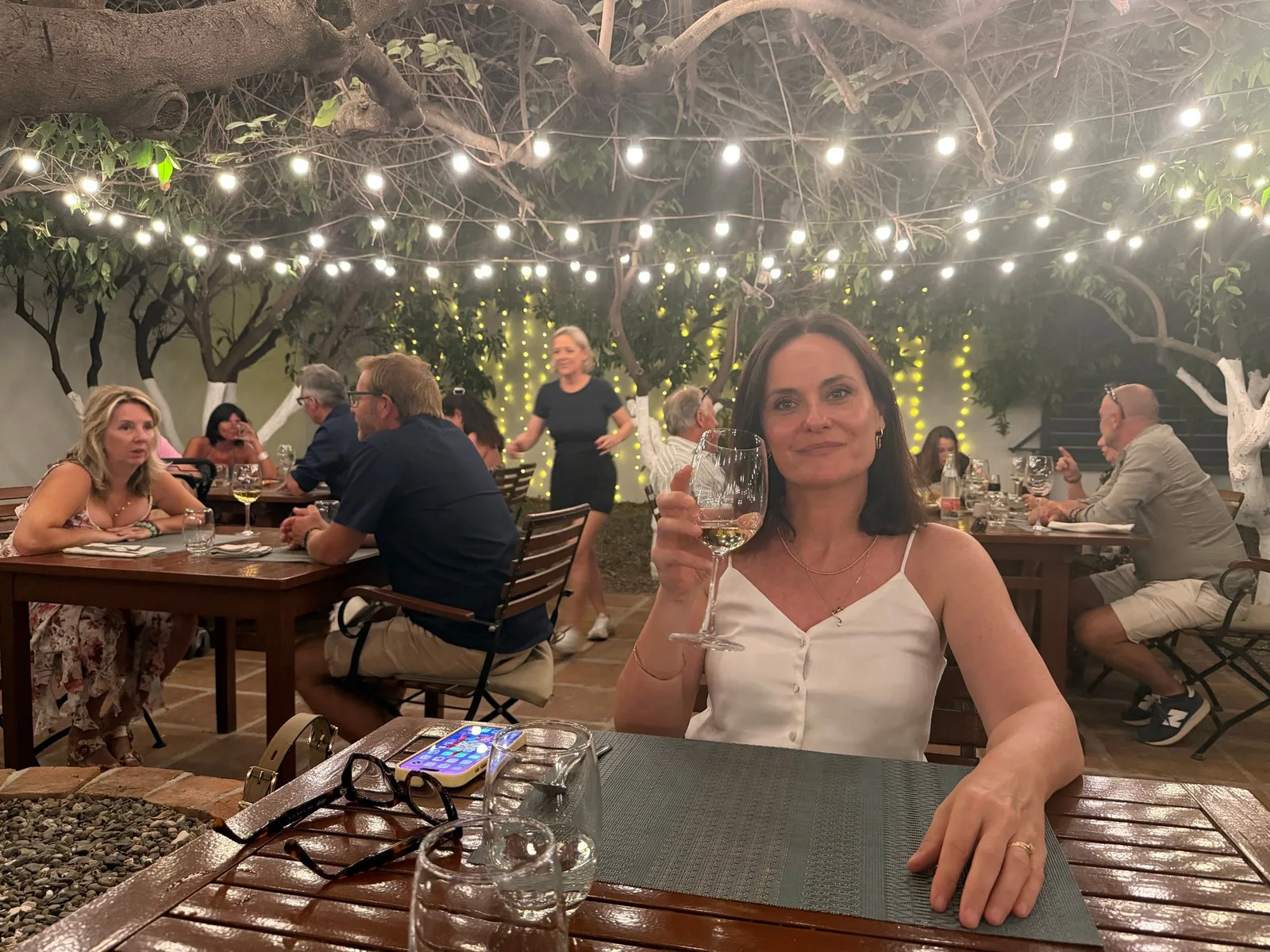A glass of wine under the fairy lights on the terrace